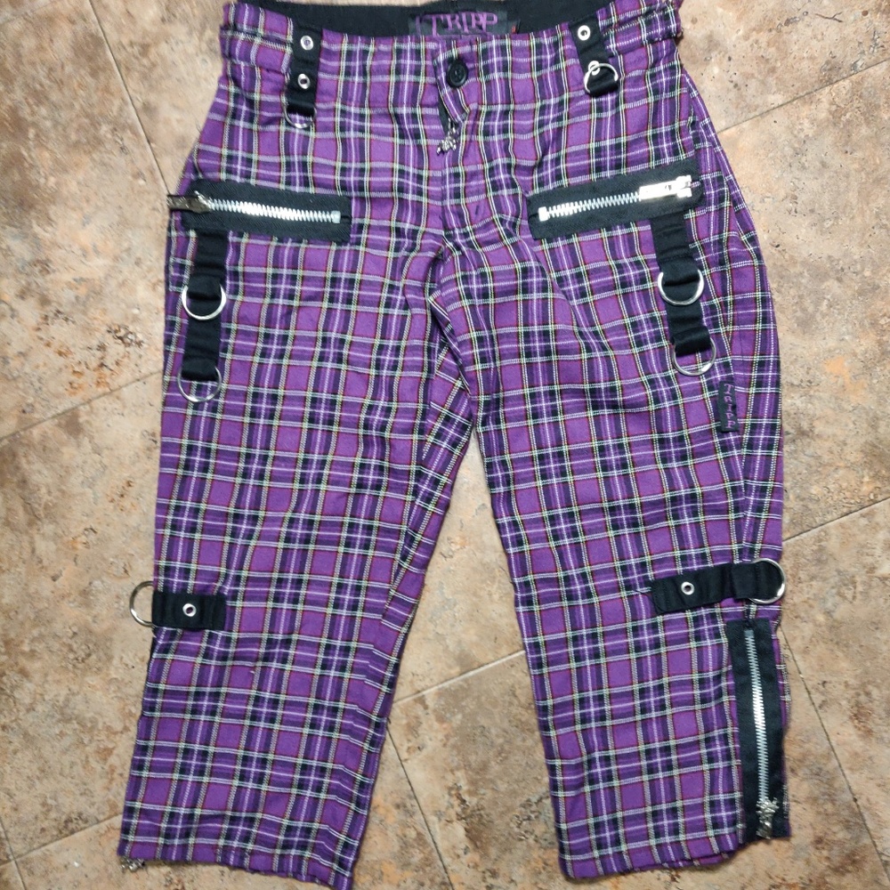 Womens Purple Tripp NYC Plaid Short Capri Pants